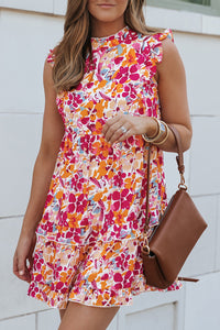 Mini Dress | Fiery Red Ruffle Tiered Sleeveless Floral Dress