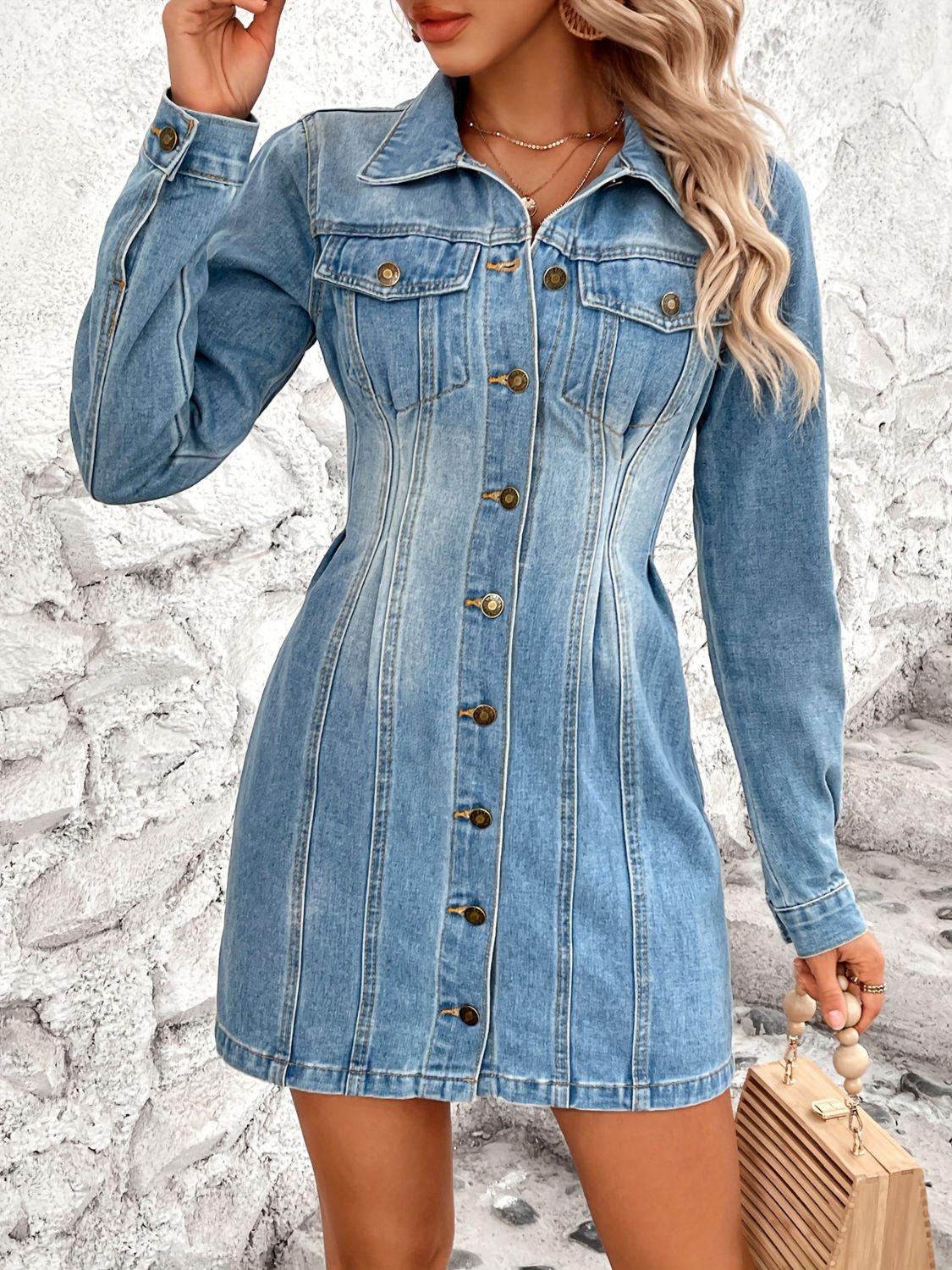 Denim Dress | Pocketed Button Up Long Sleeve Dress