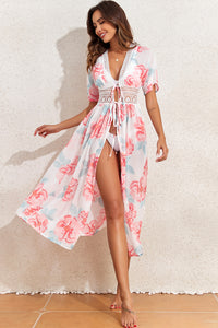 White Floral Print Lace Splicing Knot Front Beach Cover Up | Swimwear/Beach Cover-ups