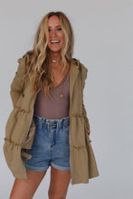 Load image into Gallery viewer, Khaki Tiered Ruffled Zip-Up Drawstring Hooded Jacket | Outerwear/Jackets
