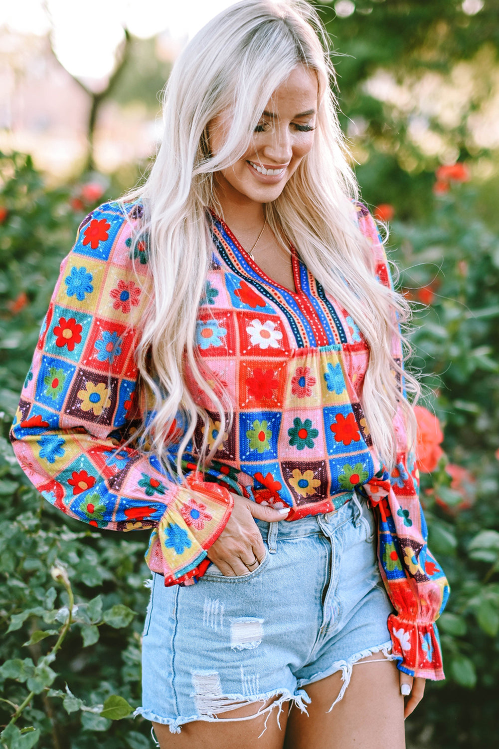 White Checkered Flower Print Bubble Sleeve Blouse | Tops/Blouses & Shirts