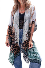 Load image into Gallery viewer, Bohemian Kimono | Green Floral Print Irregular Hem Kimono
