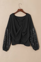 Load image into Gallery viewer, Waffle Knit Top | Black Sequin Patchwork Sleeve Open Back
