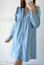 Load image into Gallery viewer, Myosotis Ruffled V Neck Buttoned Shift Denim Dress
