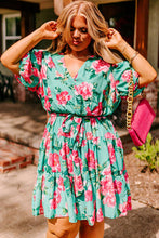 Load image into Gallery viewer, Green Floral Bubble Sleeve Surplice Ruffled Plus Size Dress | Plus Size/Plus Size Dresses/Plus Size Mini Dresses
