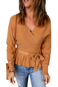 Brown Rib Knit Surplice Neck Belted Peplum Sweater | Tops/Sweaters & Cardigans