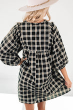 Load image into Gallery viewer, Babydoll Dress | Black Plaid Print Notched Neck Puff Sleeve

