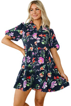 Load image into Gallery viewer, Bubble Sleeve Dress | Black Floral Button Mandarin Collar Dress
