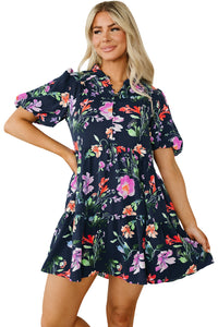 Bubble Sleeve Dress | Black Floral Button Mandarin Collar Dress