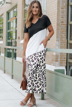 Load image into Gallery viewer, T Shirt Maxi Dress | Black Leopard Color Block Side Slit Dress
