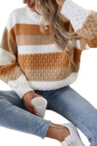 Chestnut Striped Cable Knit Drop Shoulder Sweater | Tops/Sweaters & Cardigans