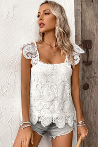 White Lace Crochet Ruffled Square Neck Tank Top | Tops/Tank Tops