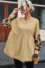 Load image into Gallery viewer, Khaki Leopard Splicing Sleeve Ruffle Loose Sweatshirt | Tops/Sweatshirts &amp; Hoodies
