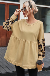 Khaki Leopard Splicing Sleeve Ruffle Loose Sweatshirt | Tops/Sweatshirts & Hoodies