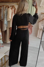 Load image into Gallery viewer, Black Cutout Back Belted V Neck Wide Leg Jumpsuit | Bottoms/Jumpsuits &amp; Rompers
