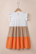 Load image into Gallery viewer, Cap Sleeve Dress | Apricot Color-Block Patchwork Ruffled Tiered
