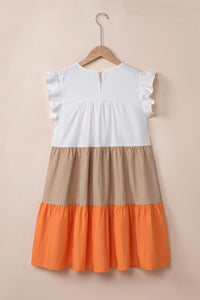 Cap Sleeve Dress | Apricot Color-Block Patchwork Ruffled Tiered