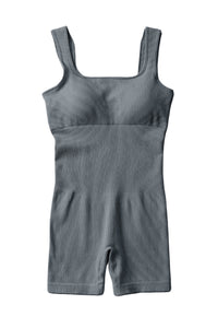 Gray Ribbed Square Neck Padded Sports Romper | Activewear/Yoga Jumpsuits