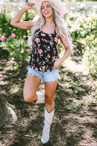 Black Floral Spaghetti Straps Strappy Back Tank Top | Tops/Tank Tops