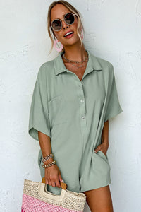 Loose Romper | Spinach Green Half Button Collared