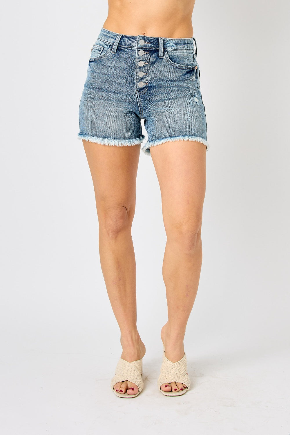 Judy Blue Jean Shorts-Judy Blue Full Size Button Fly Raw Hem Denim Shorts | blue jean shorts