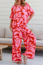 Load image into Gallery viewer, Strawberry Pink Abstract Printed Ruffled Top Wide Leg Pants Set
