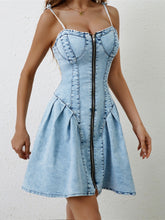 Load image into Gallery viewer, Denim Dress | Ruched Zip Up Spaghetti Strap Denim Dress
