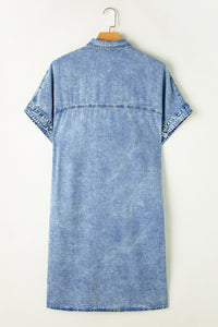 Light Blue Loose Medium Wash Short Sleeve Shirt Chambray Dress | Dresses/Midi Dresses