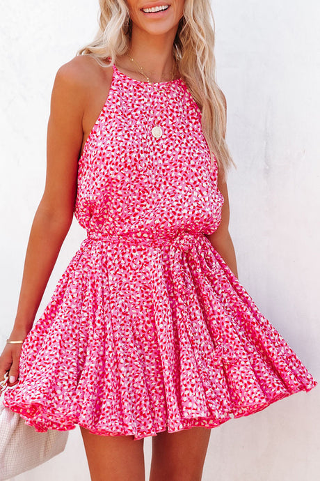 Pink Leopard Print Sleeveless Mini Dress with Waist Tie | Dresses/Mini Dresses