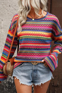 Rainbow Top | Contrast Round Neck Long Sleeve Blouse