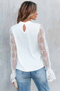 White Lace Sleeve Top | Contrast Lace Mock Neck Blouse