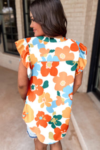 Orange Floral Notched V Neck Ruffled Sleeve Blouse | Tops/Blouses & Shirts