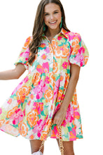 Load image into Gallery viewer, Pink Floral Puff Sleeve Collar Buttoned Babydoll Dress
