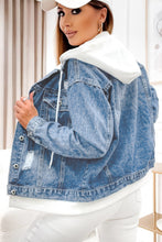 Load image into Gallery viewer, Sky Blue Distressed Contrast Hooded Denim Jacket with Pockets | Outerwear/Denim jackets
