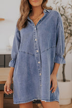 Load image into Gallery viewer, Sky Blue Buttoned Long Sleeve Denim Mini Dress | Dresses/Mini Dresses
