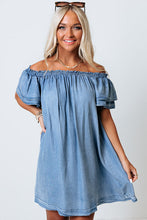 Load image into Gallery viewer, Sky Blue Off-shoulder Ruffle Sleeves Chambray Dress | Dresses/Mini Dresses
