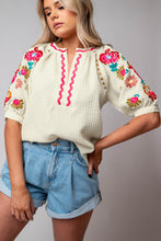 Load image into Gallery viewer, Puff Sleeve Blouse | Beige Floral Embroidered Top
