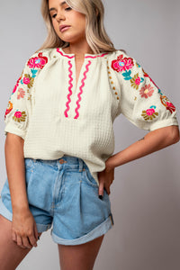 Puff Sleeve Blouse | Beige Floral Embroidered Top