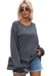 Pullover Sweatshirt | Gray Solid Ribbed Knit Round Neck