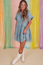 Load image into Gallery viewer, Beau Blue Mineral Wash Crinkle Split Neck Raw Hem Tiered Dress | Dresses/Mini Dresses
