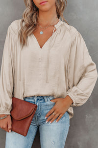 Khaki Pleated Balloon Sleeve Drawstring V-Neck Blouse