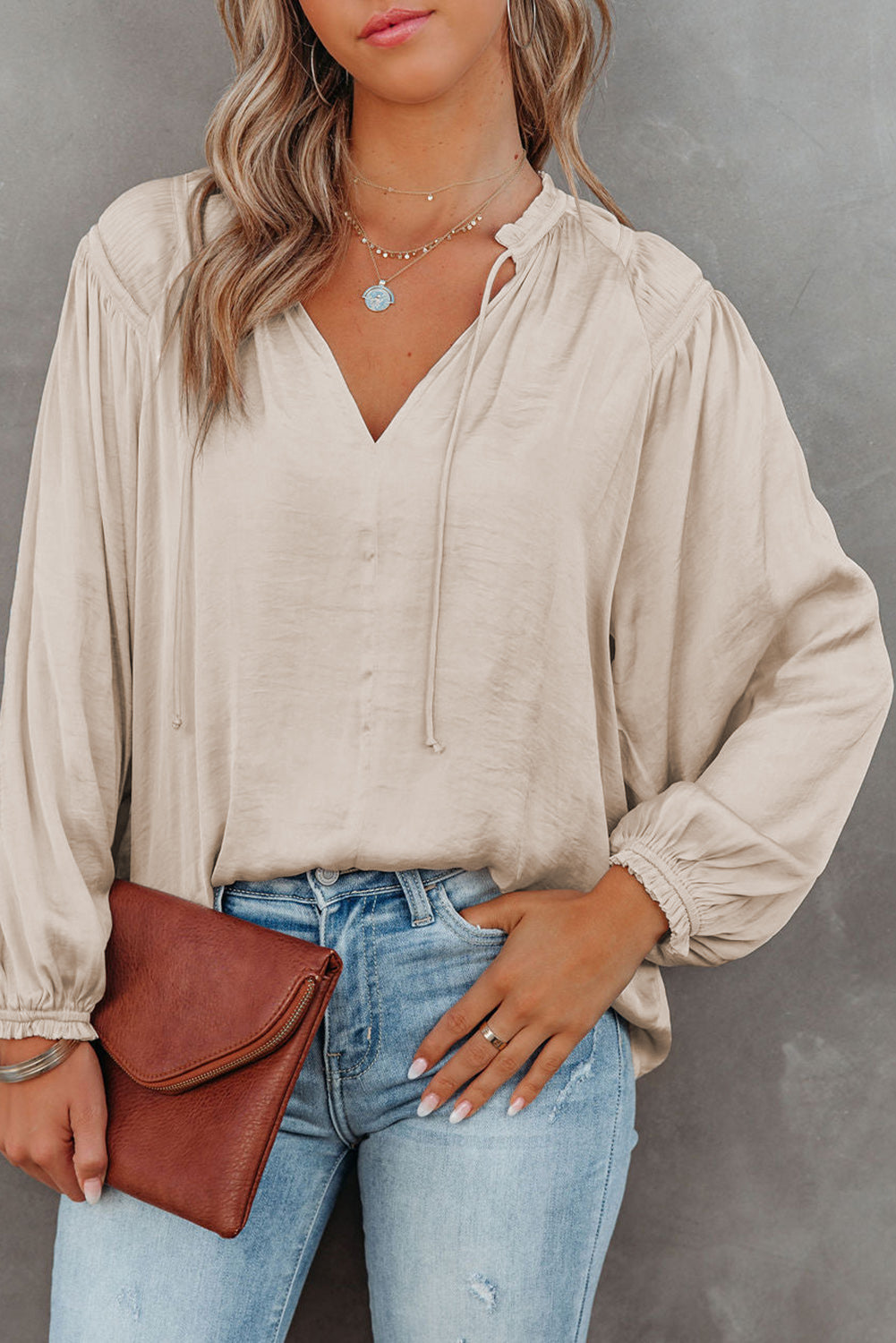 Khaki Pleated Balloon Sleeve Drawstring V-Neck Blouse