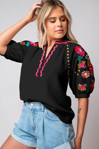 Puff Sleeve Top | Black Floral Embroidered Blouse