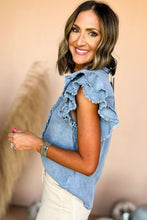 Load image into Gallery viewer, Beau Blue Button Front Ruffled Flutter Frayed Denim Top | Tops/Tops &amp; Tees
