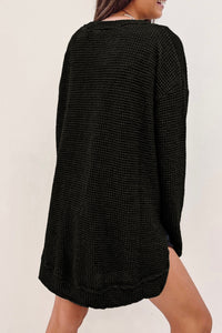 Oversized Top | Black Waffle Knit High Slits