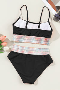 Black Striped Patchwork Spaghetti Strap High Waist Bikini Swimsuit | Swimwear/High Waisted Swimsuit