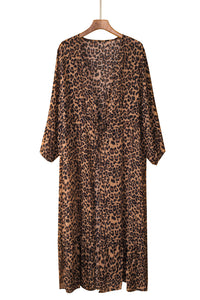 Leopard Print Tie Waist Open Front Kimono Beach Cover Up | Swimwear/Beach Cover-ups