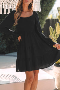 Black Bishop Sleeve Smocked Tiered Mini Dress | Dresses/Mini Dresses