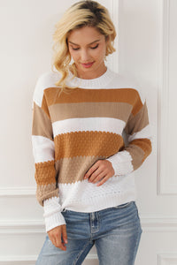 Chestnut Striped Cable Knit Drop Shoulder Sweater | Tops/Sweaters & Cardigans