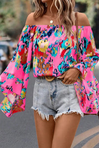 Rose Abstract Floral Print Off-shoulder Bell Sleeve Blouse | Tops/Blouses & Shirts